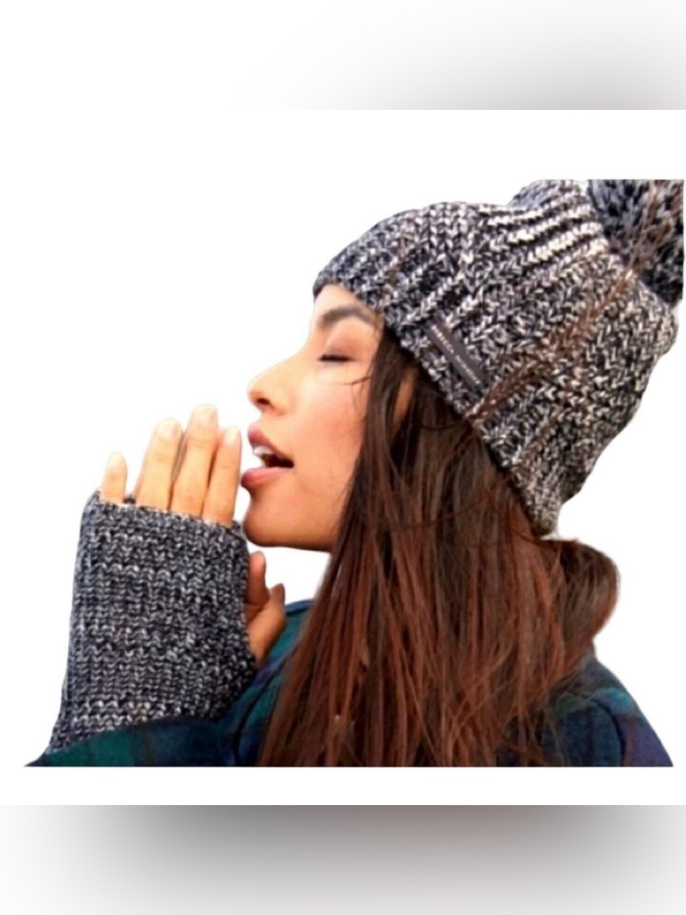 Rebecca Minkoff Knit Pom Beanie and Fingerless Gloves Set - Gray